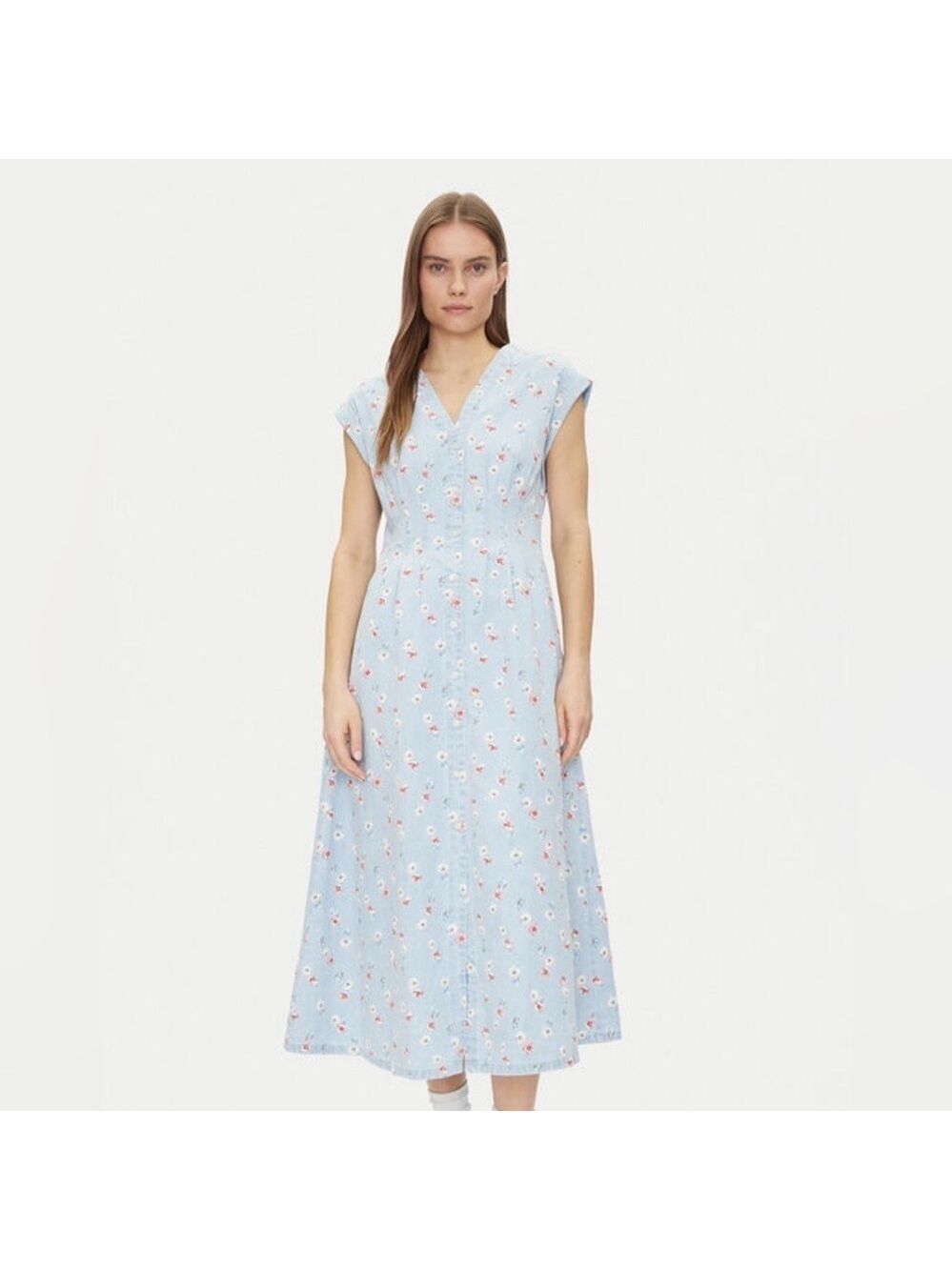 Gap Ditsy Floral Print Pleated Waist Denim Maxi Dress NWT